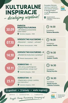 Plakat cyklu „Kulturalne inspiracje – działajmy wspólnie!” Wydziału Kultury Urzędu Miasta Olsztyna z terminami pięciu spotkań